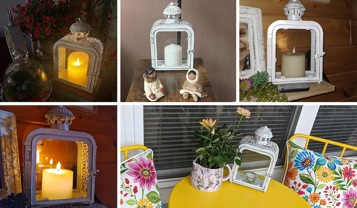 Candle Lantern Decorative Indoor & Outdoor, Vintage Metal Lanterns with Clear Glass, Tabletop&Hanging Candle Holders for Patio Front Porch Home Decor, Halloween Christmas Decorations (White)