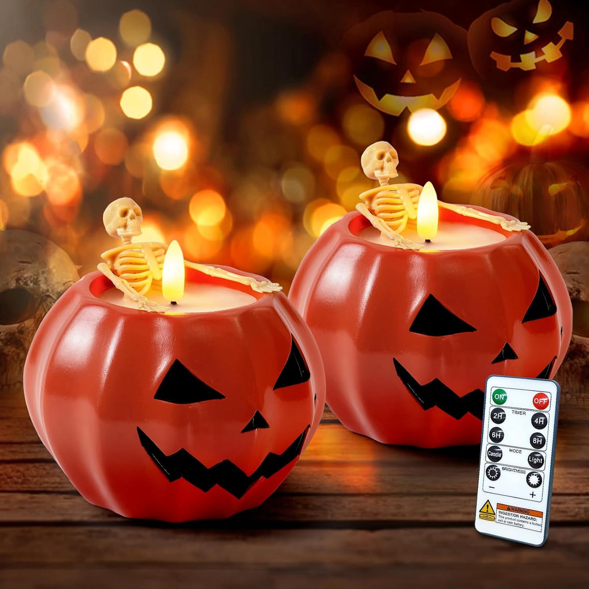 Halloween Flameless Pumpkin Candles, 2Pcs LED Real Wax Pumpkin Lamp with Skeleton, Flickering Battery Operated Candles with Remote for Halloween Decor, Theme Party, Holiday Gift, Orange
