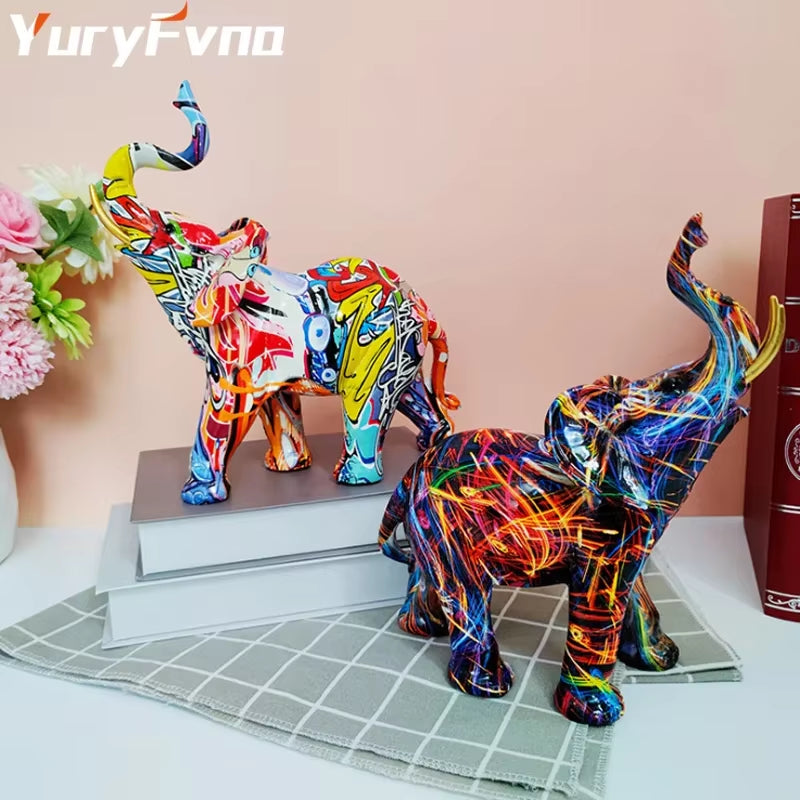 Nordic Painting Graffiti Elephant Sculpture Figurine Art Elephant Statue Creative Resin Crafts Home Decoration
