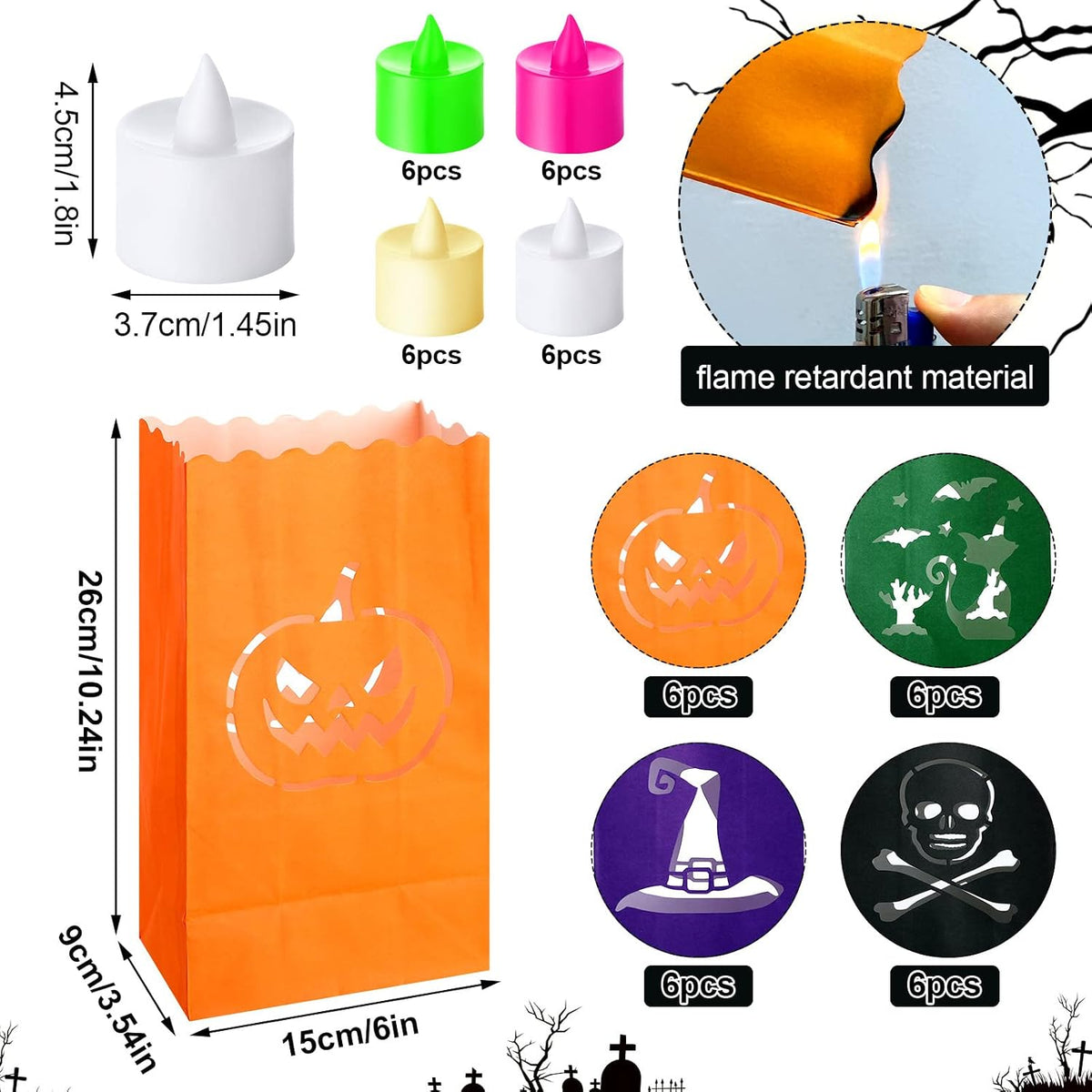 48 Pcs Halloween Luminary Bags with LED Light Candles Set, Novel