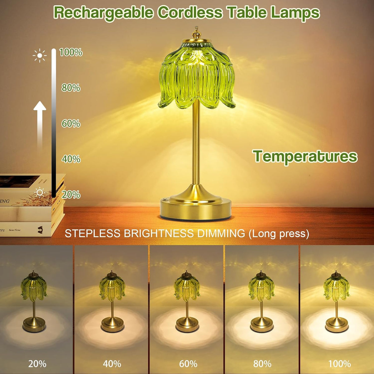 Cordless Table Lamp, Rechargeable Green Glass Lotus Flower Lamp
