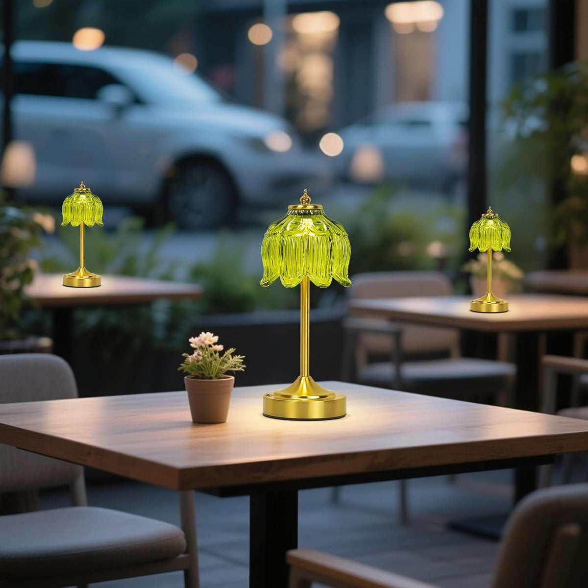 Cordless Table Lamp, Rechargeable Green Glass Lotus Flower Lamp