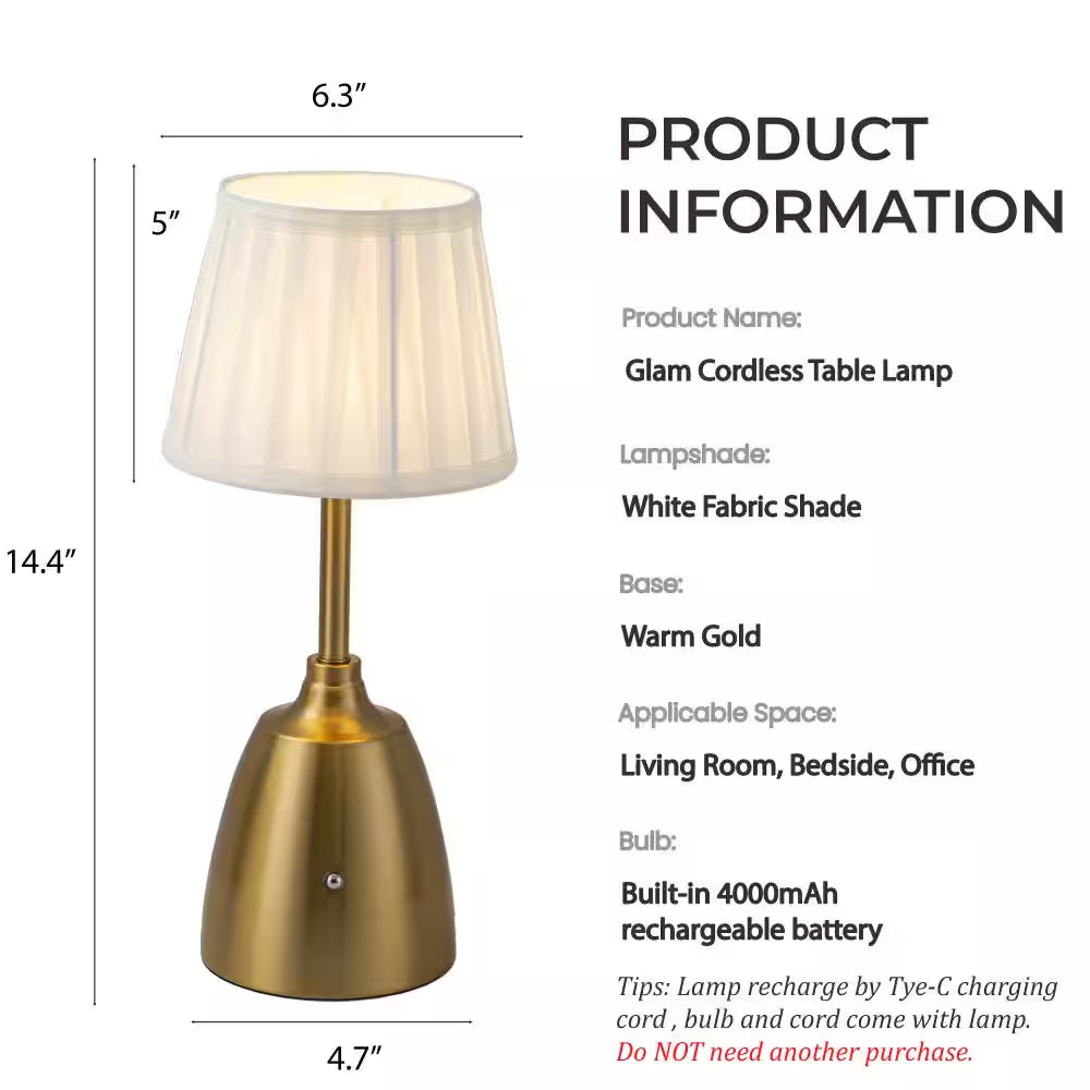 14'' Classic Vintage Rechargeable LED Table Lamp Trasitional Touch Control USB Cordless in Antique Brass