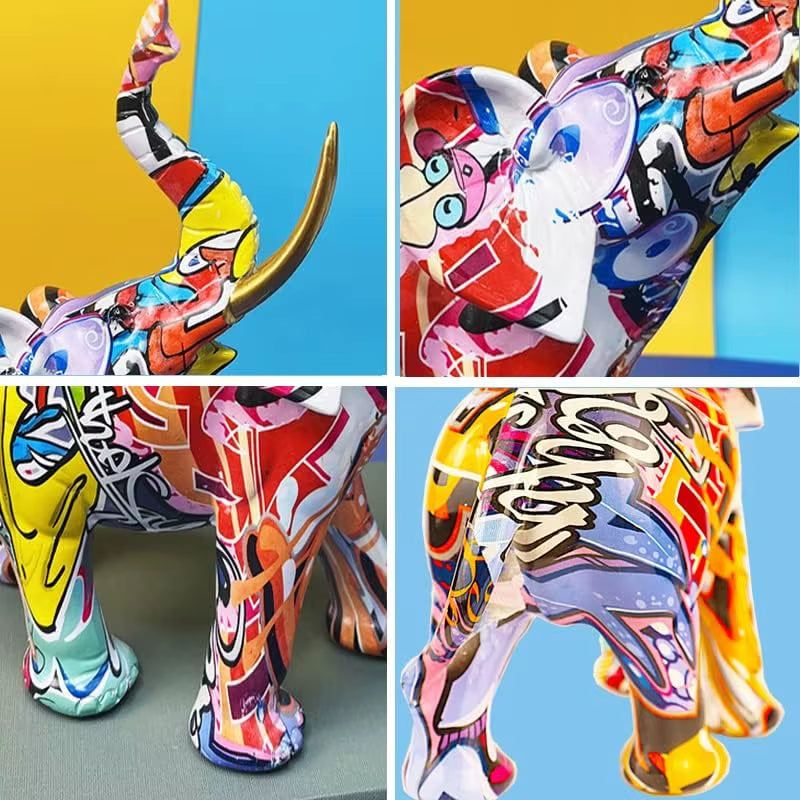 Nordic Painting Graffiti Elephant Sculpture Figurine Art Elephant Statue Creative Resin Crafts Home Decoration