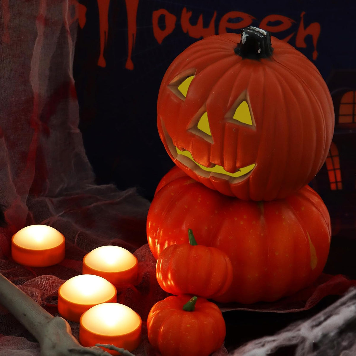 LED Pumpkin Lights with Remote and Timer, Orange Color, 4 Pack
