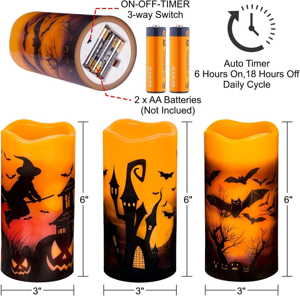 3 PCS Battery Operated Flameless Flickering Candles with 6 Hour Timer, Real Wax Electric LED Halloween Fake Pillar Candles with Castle, Witch, Bats for Indoor Kids Halloween Thanksgiving Decor