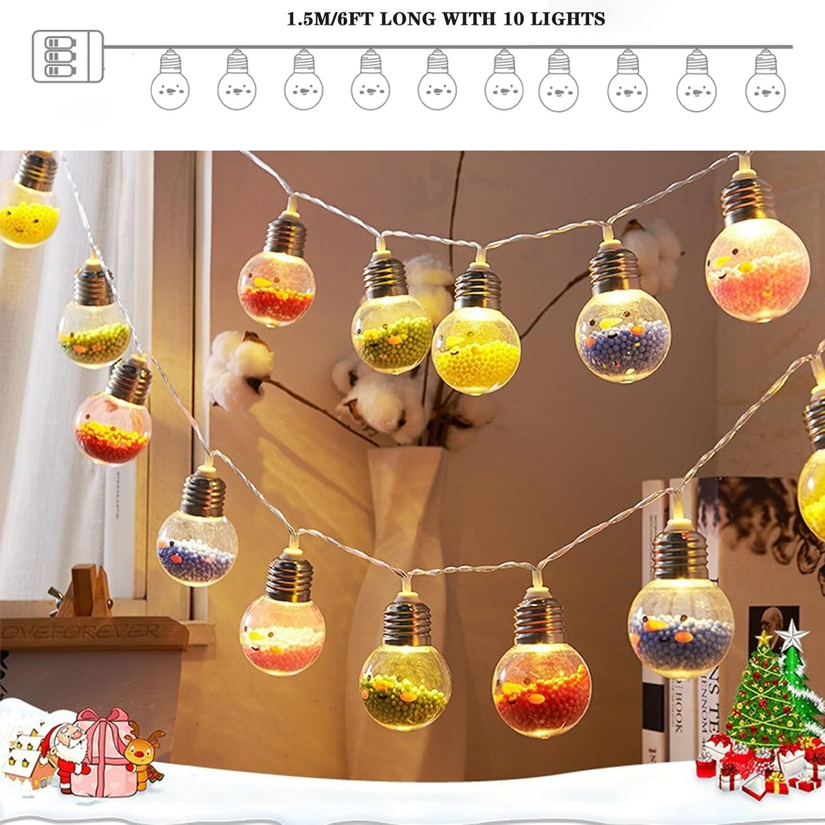Christmas Tree String Lights -10 LED Colorful Foam Ball Bulbs,6Ft Battery-Powered Macaron Ball String Lights, Suitable for Indoor and Outdoor Holiday Decor, Porch, Balcony, Office Decor (D)