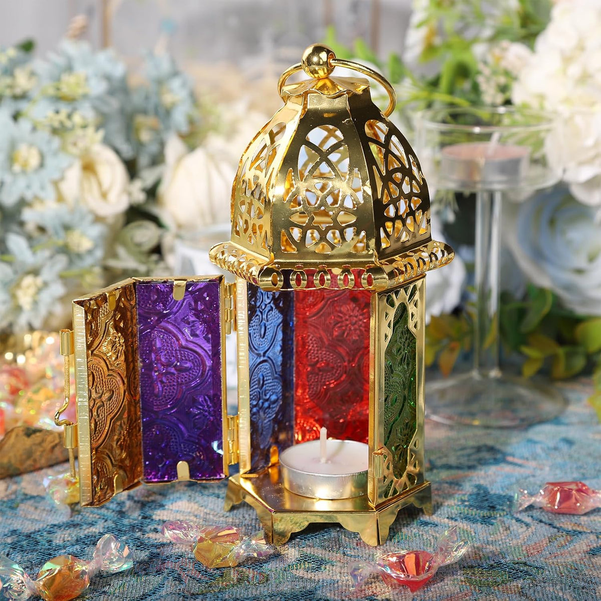 6.7'' Moroccan Lanterns Decorative Indoor & Outdoor Vintage Candle Holder Hanging Tabletop Metal Ramadan Lanterns with Six Color Glasses for Home Patio Porch Decor (Gold)