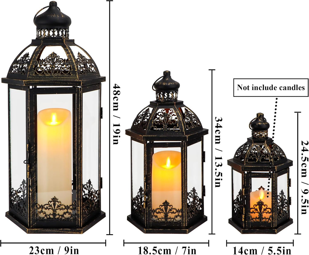 Set of 3 Black & Gold Metal Candle Lanterns, 19/13.5/9.5 in Decorative Hanging Lantern Candle Holders with Tempered Glass Forporch, Patio, Wedding & Home Decor(Black with Gold Brush)