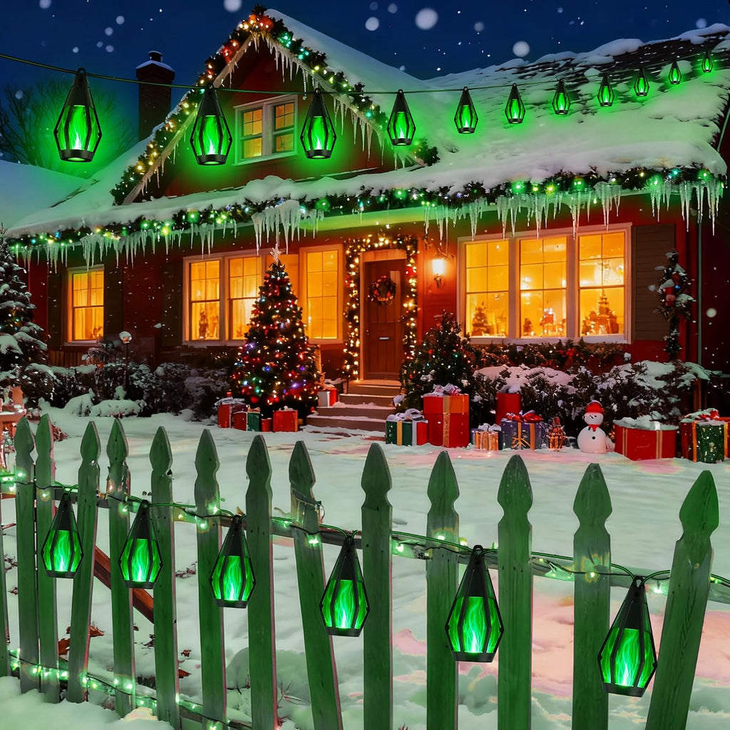 Solar Flame String Lights - 42Ft 15 LED Lights Outdoor Solar String Lights for Garden Patio Christmas Decoration (Green, 42Ft)