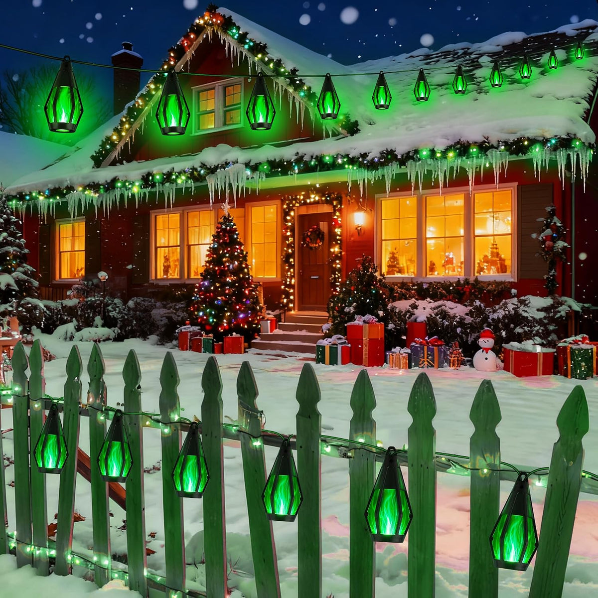 Solar Flame String Lights - 42Ft 15 LED Lights Outdoor Solar String Lights for Garden Patio Christmas Decoration (Green, 42Ft)