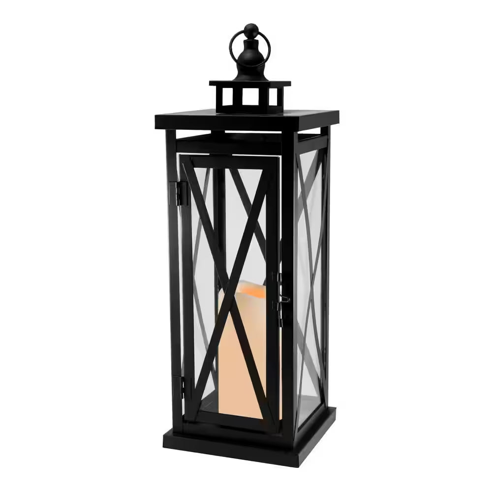Metal Lantern - Warm Black Criss Cross with Battery Operated LED Candle