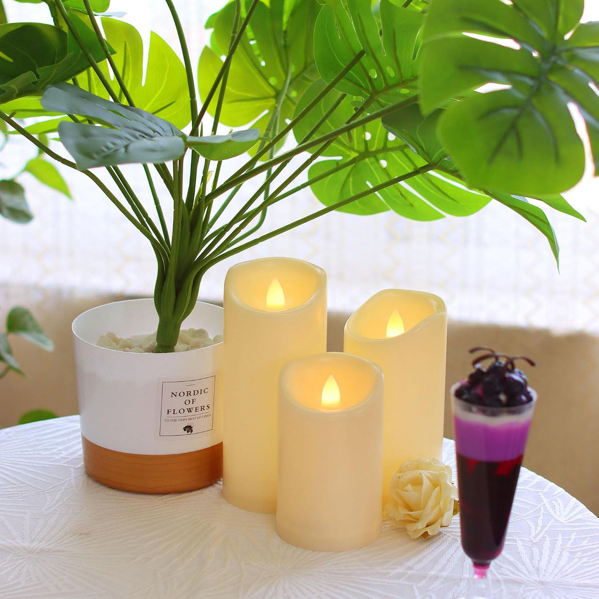 Outdoor Battery Operated Flameless LED Pillar Candles W/Auto Timer 4 Pack