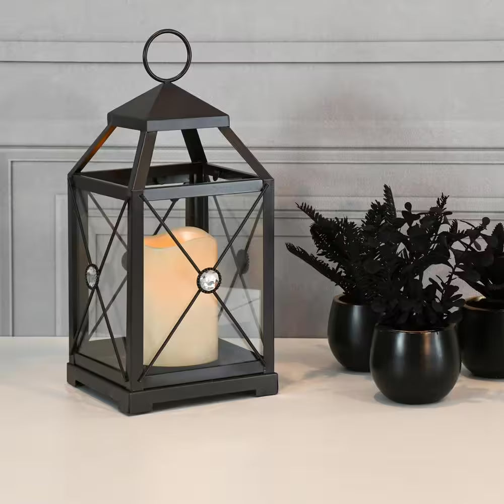 5.25 in X 12 In. Black Gem Metal Lantern with LED Candle