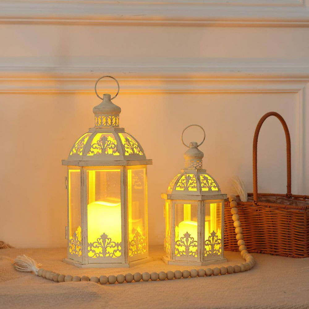 15.5 In. and 11.2 In. H Beige Metal Lanterns Candle Holder Decorative Outdoor and Indoor Lantern Decor with Glass