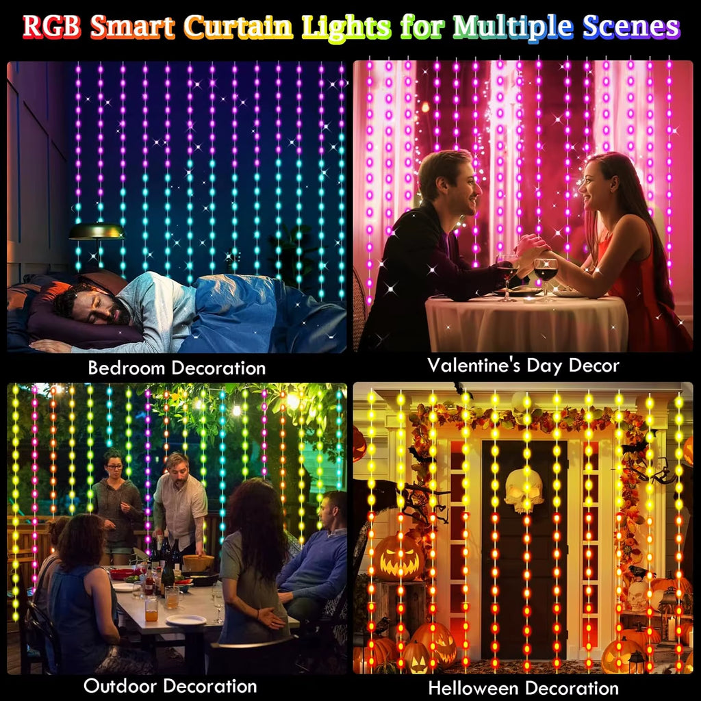 Smart LED Curtain Lights, 3Mx3M 300Leds USB String Lights with Bluetooth App Timer ,Music Sync Christmas Curtain String Outdoor