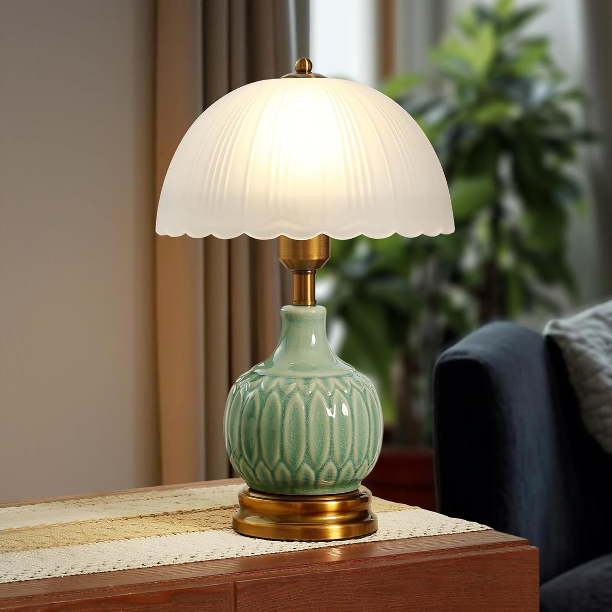 Ceramic Table Lamp, Modern Bedside Lamps Green Mid Century Vintage Desk Lamp Retro Glass Mushroom Traditional Lamp for Nightstand Living Room Bedroom Home Decor (S03GN-1PACK)