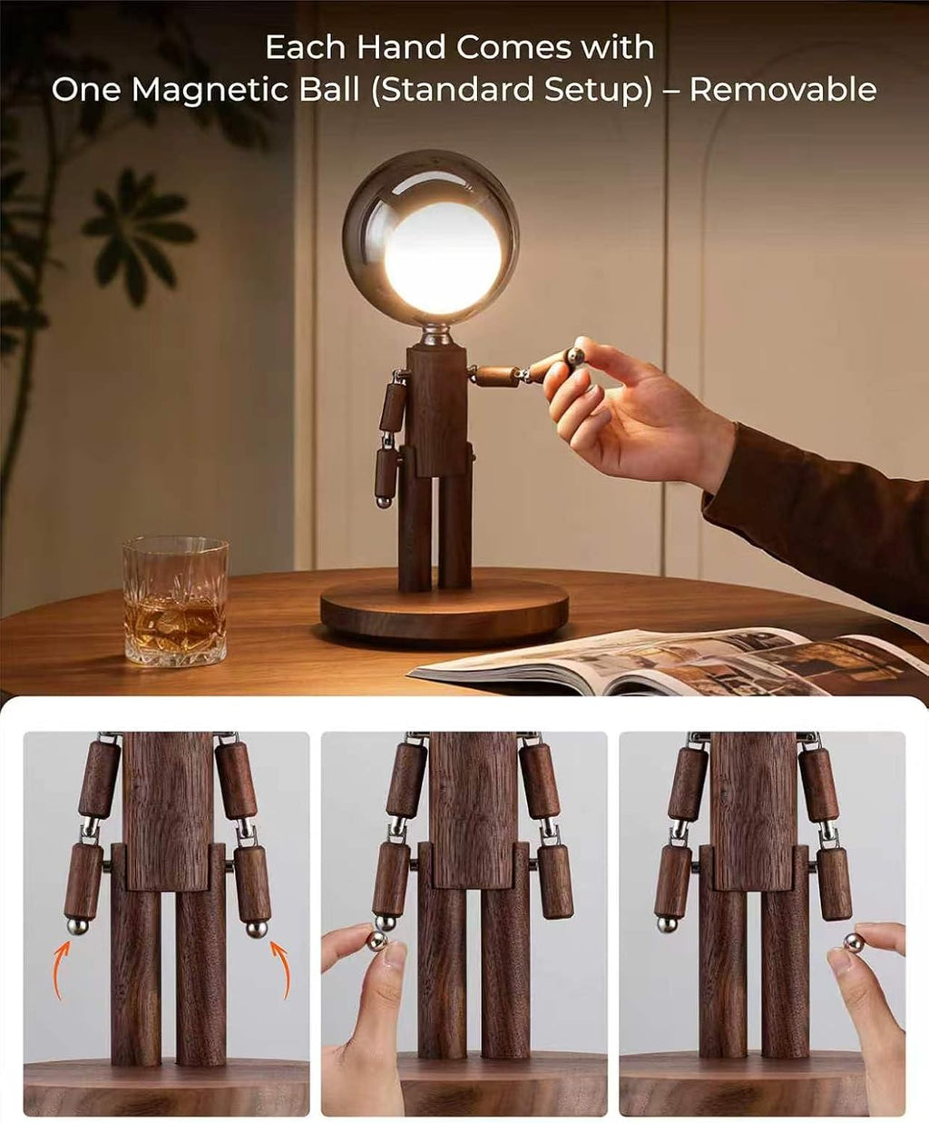 Cordless Table Lamp, Rechargeable Wooden Desk Lamp, Dimmable, Gift