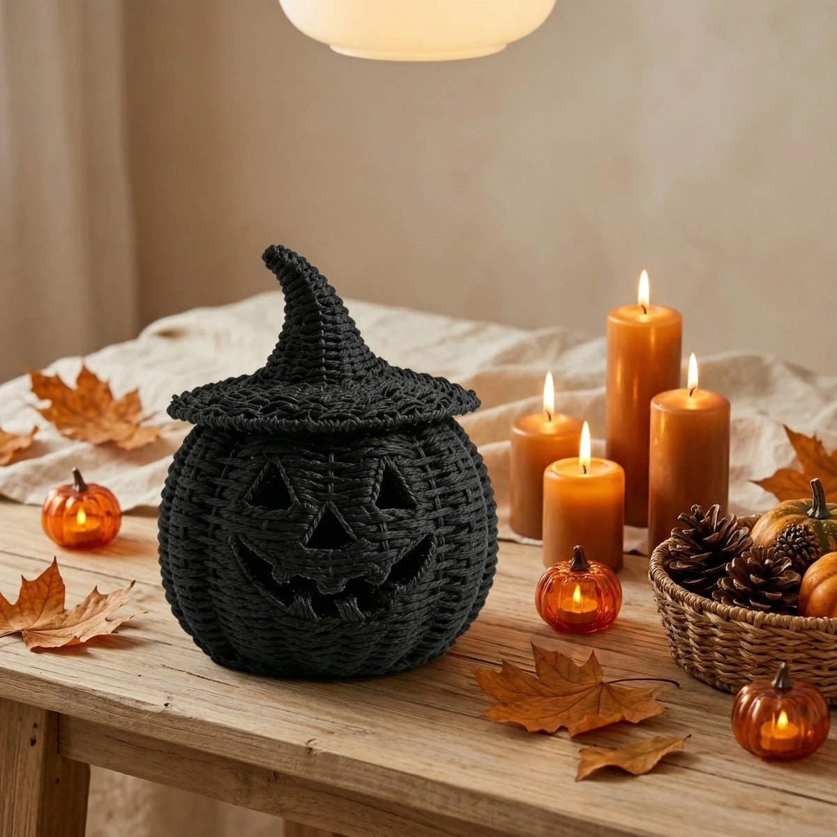 Handwoven Pumpkin Lantern, Rustic Vintage Halloween Decor, 28Cm Woven Pumpkin Lantern without LED Candle Light, Pumpkin Ornament for Mantel Doorstep Halloween Party Decorations