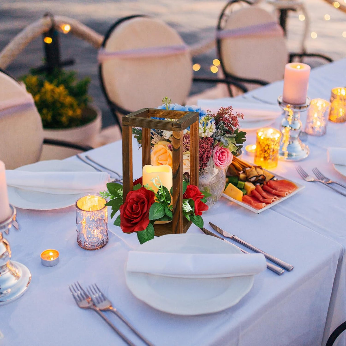 30 Pcs Wooden Wedding Lantern Centerpiece, Red Rose, Brown