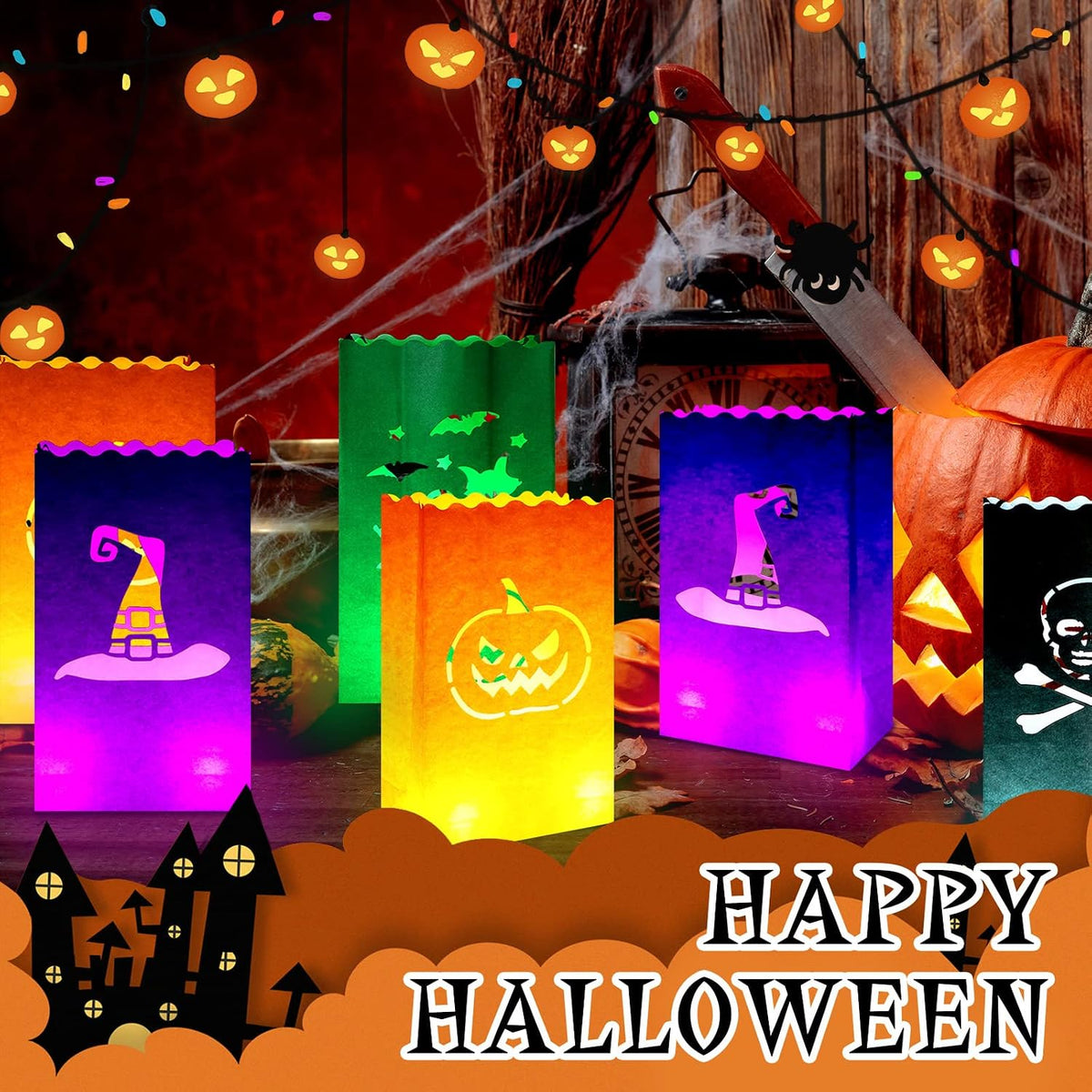 48 Pcs Halloween Luminary Bags with LED Light Candles Set, Novel