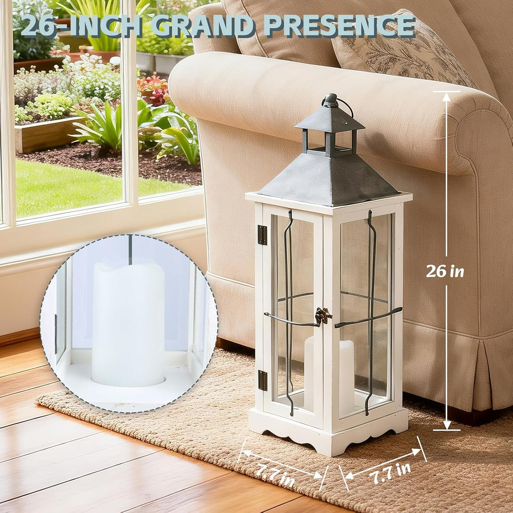 26 Inch White Wooden Decorative Lanterns with LED Candles Set of 2