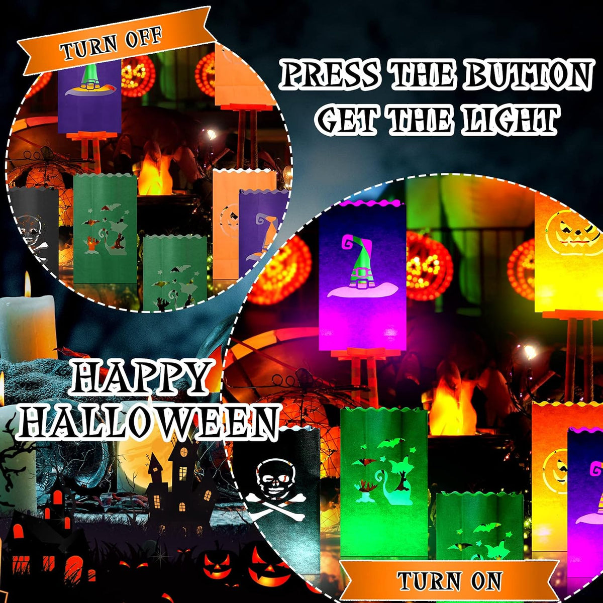 48 Pcs Halloween Luminary Bags with LED Light Candles Set, Novel