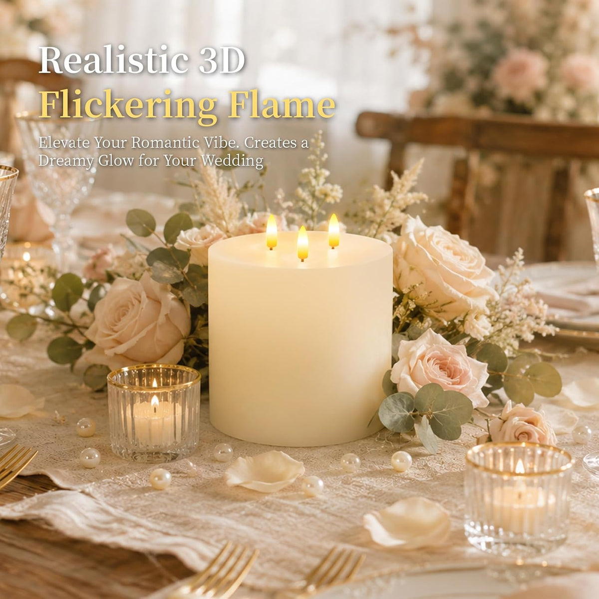 3 Wick Extra Large Flameless Pillar Candles with Timer Remote, Ivory