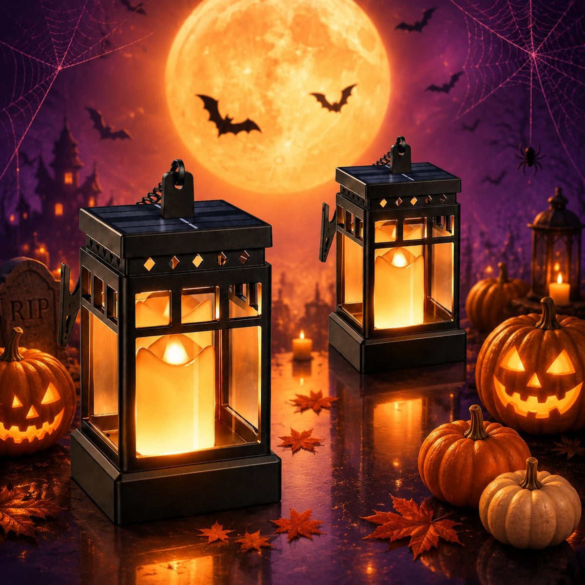 Halloween Decorations Solar Lanterns, 2 Modes with Flickering Candle