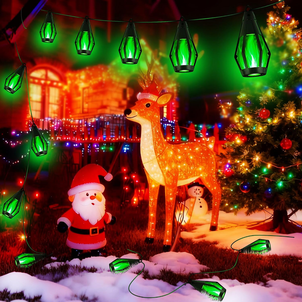 Solar Flame String Lights - 42Ft 15 LED Lights Outdoor Solar String Lights for Garden Patio Christmas Decoration (Green, 42Ft)