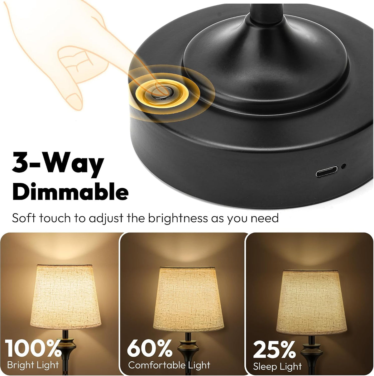 Portables Cordless Table Lamp, 10.2" Battery Operated Lamp, Bedside Table Lamp with Warm White Color,3 Way Dimmable Touch Desk Lamp for Bedroom Living Room Restaurant Black