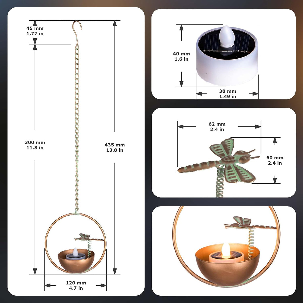Dragonfly Solar Hanging Chandelier Lanterns, Flickering Flame