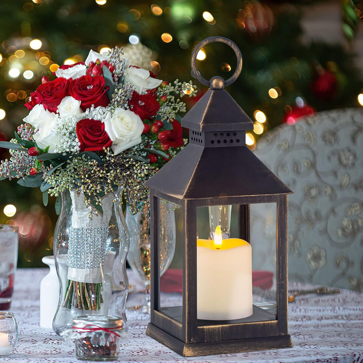 Vintage Golden Brushed Black Lantern Decorative LED Flickering Flameless Candle with Timer, Battery Powered LED Decorative Hanging Lanterns for Indoor Outdoor Garden Yard Home Decor(2 Pack)