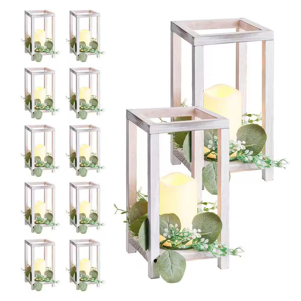 White Wooden Wedding Lantern Centerpiece, Includes 12-Wooden Lantern Candle Holder 12-Flameless LED Candle, 12Set/36Pcs