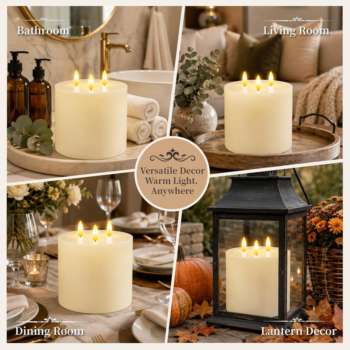 3 Wick Extra Large Flameless Pillar Candles with Timer Remote, Ivory