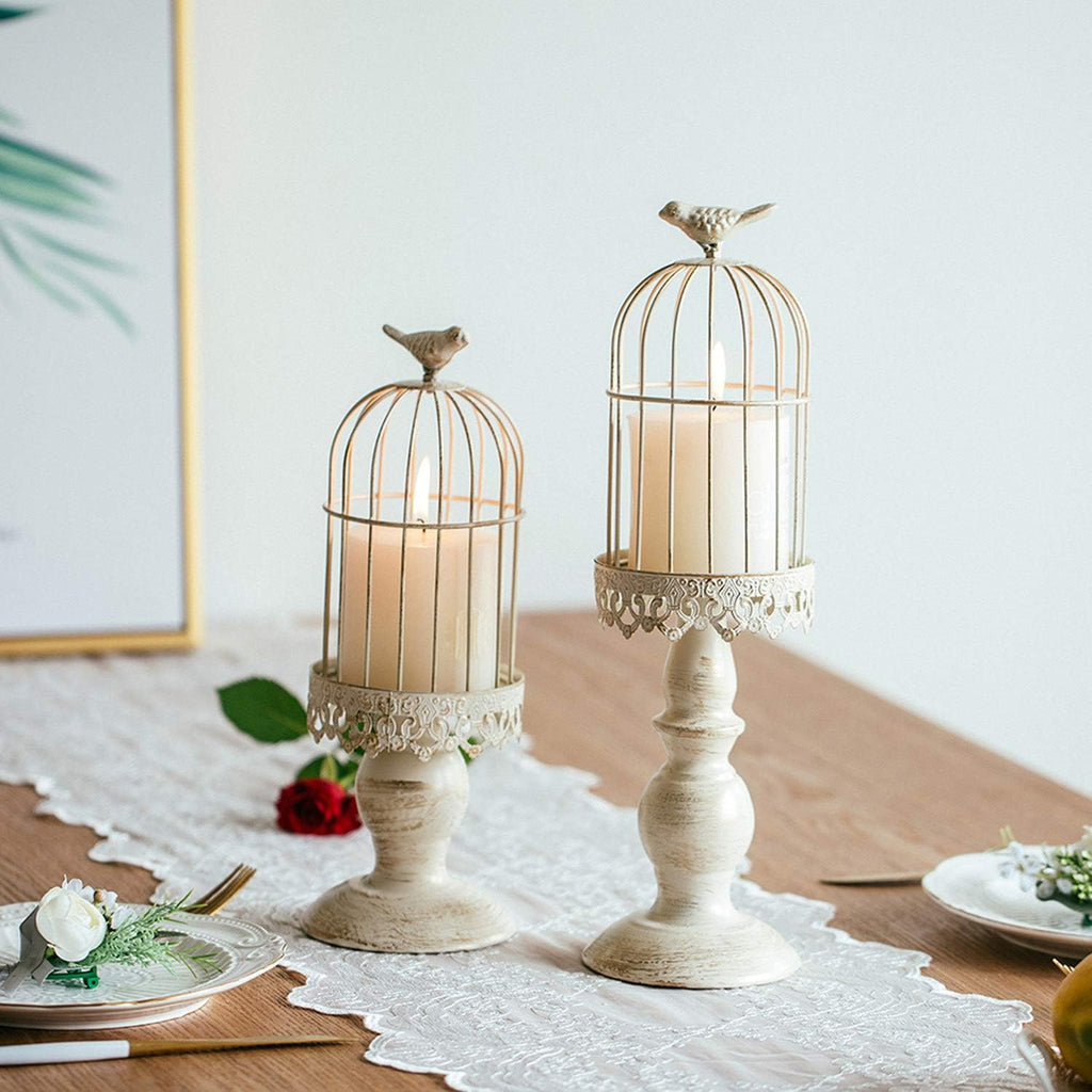 Birdcage Candle Holders Decorative Set of 2，Distressed Ivory