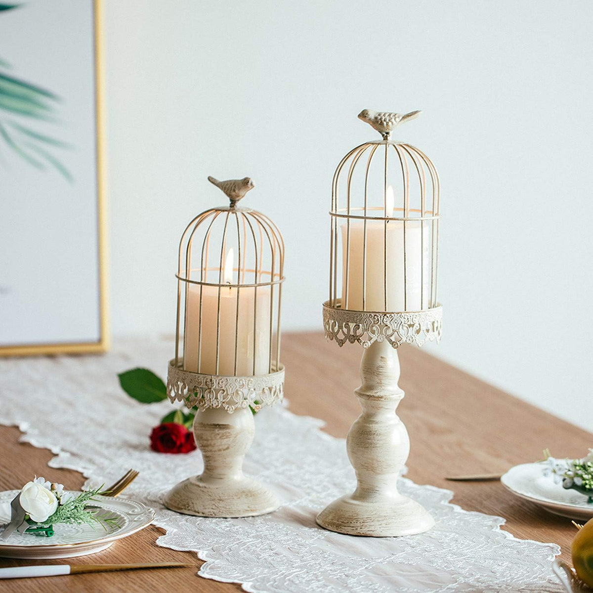 Birdcage Candle Holders Decorative Set of 2，Distressed Ivory