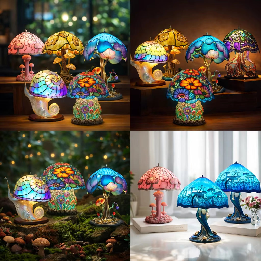 Flower Mushroom Night Light Resin Carved Atmosphere Lamp Led Table Lamp Bedroom Living Room Home Decoration Gift