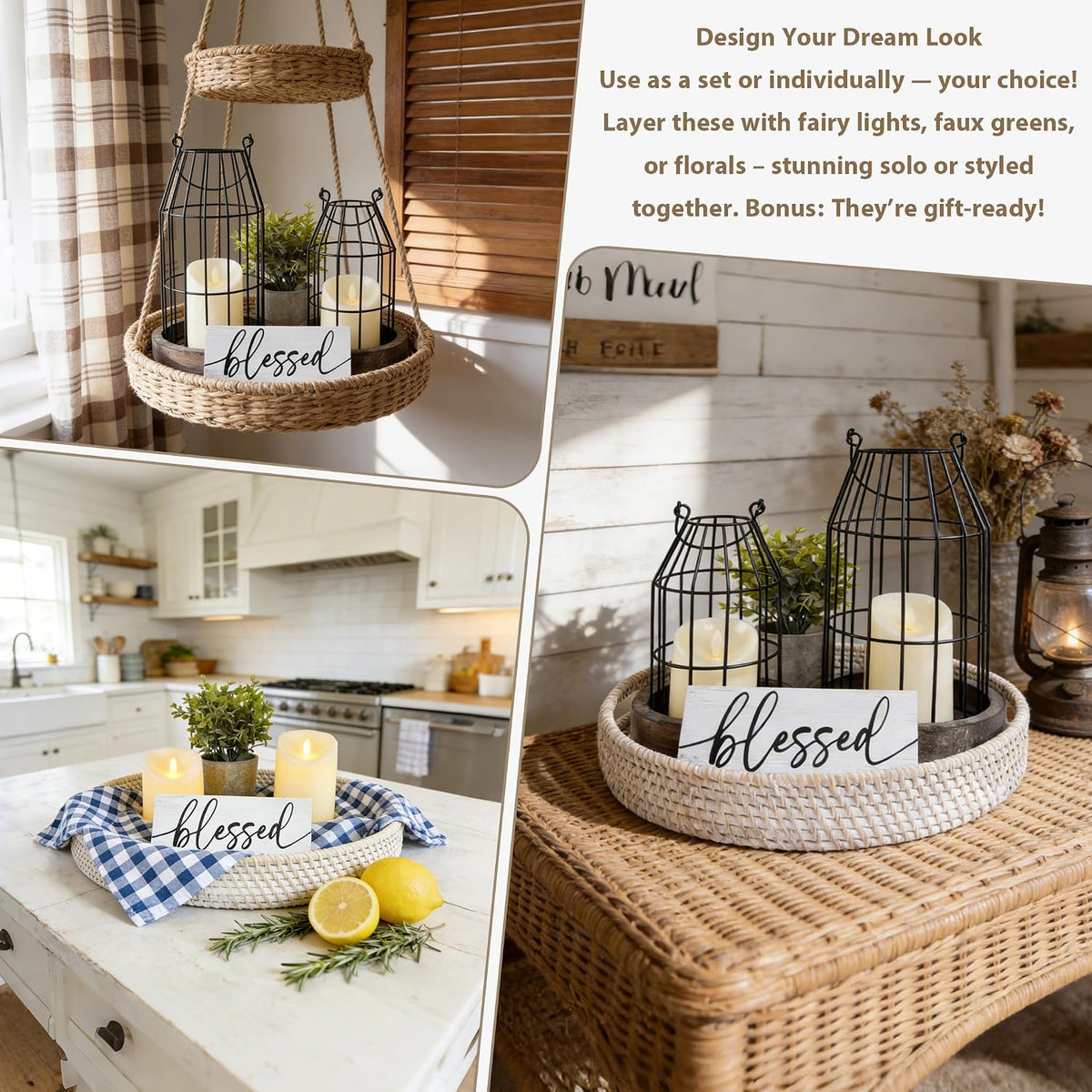 Rustic Farmhouse Lanterns Set of 7, Modern Home Decor Table Centerpieces