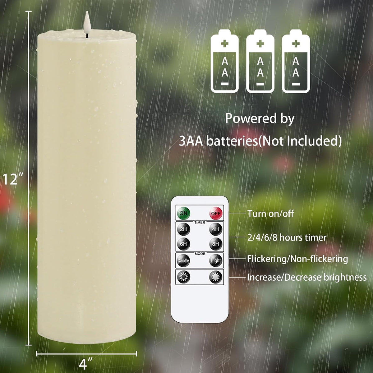 4" X12" Flameless Flickering Waterproof Candle with Remote, LED Battery Operated Timer Plastic Ivory Pack of 1 Pillar Candle for Outdoor Use (Long Lasting 420+ Hrs)