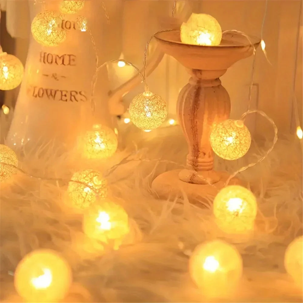 Cotton Ball String Fairy Night Lights LED Bulb Bedroom Christmas Halloween Outdoor Holiday Party Baby Bed Lights Decoration