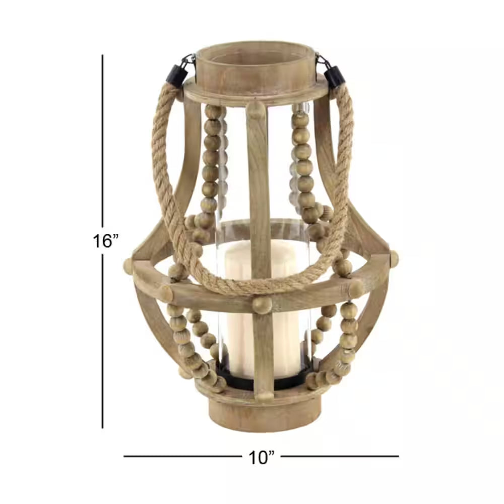 16 In. H Beige Reclaimed Wood Beaded Decorative Candle Lantern