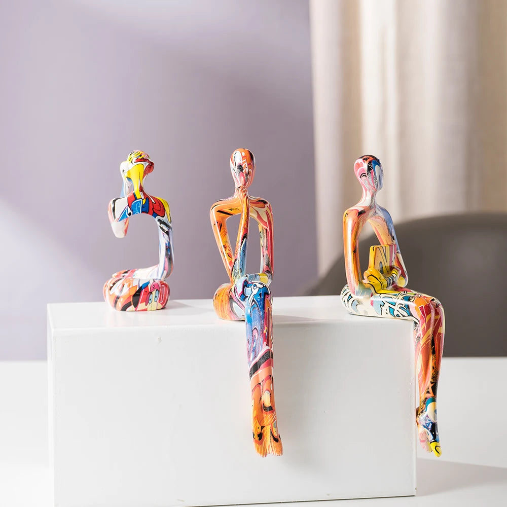 Abstract Thinker Figurine Set of 3, Colorful Modern Resin Sculpture for Bookshelf Decor & Office Desk, Unique Home Art Statue