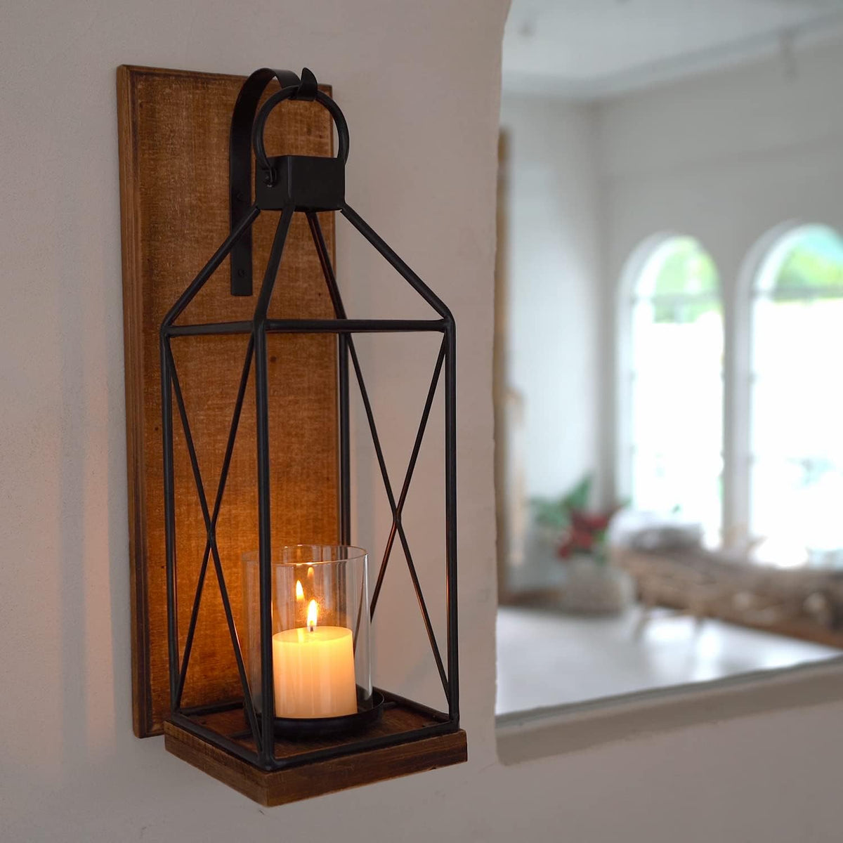 Wall Candle Sconces Set of 1, Rustic Wood Holders with Glass Decor