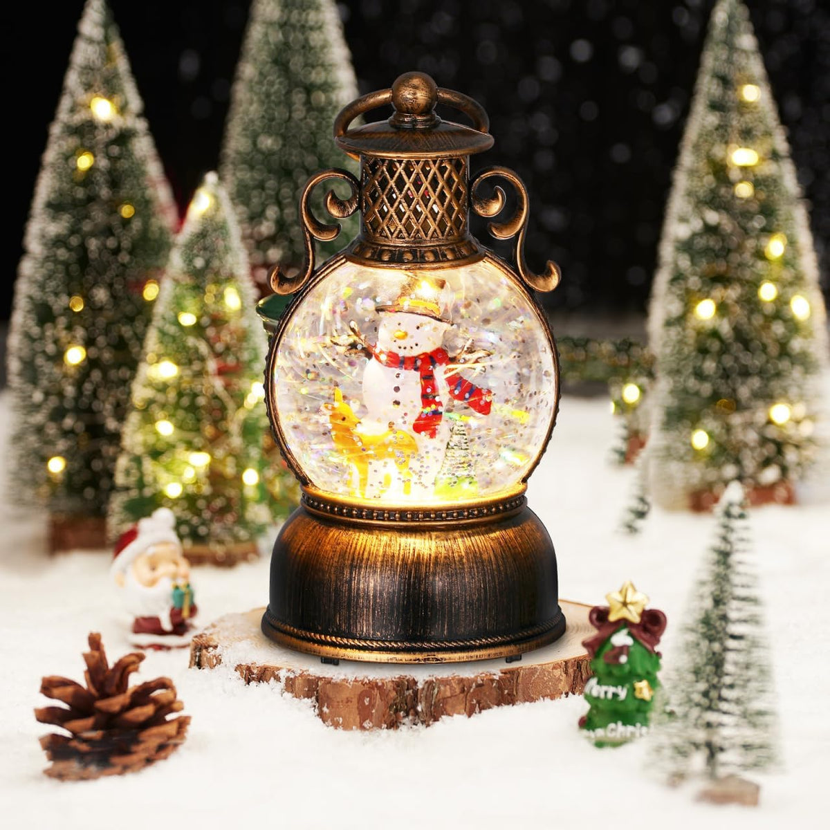 Christmas Snow Globe LED Candles Battery Operated Lighted Flameless Lantern Swirling Water Glittering Spinning Candle Home Decor for Thanksgiving Christmas Decoration, Snowman