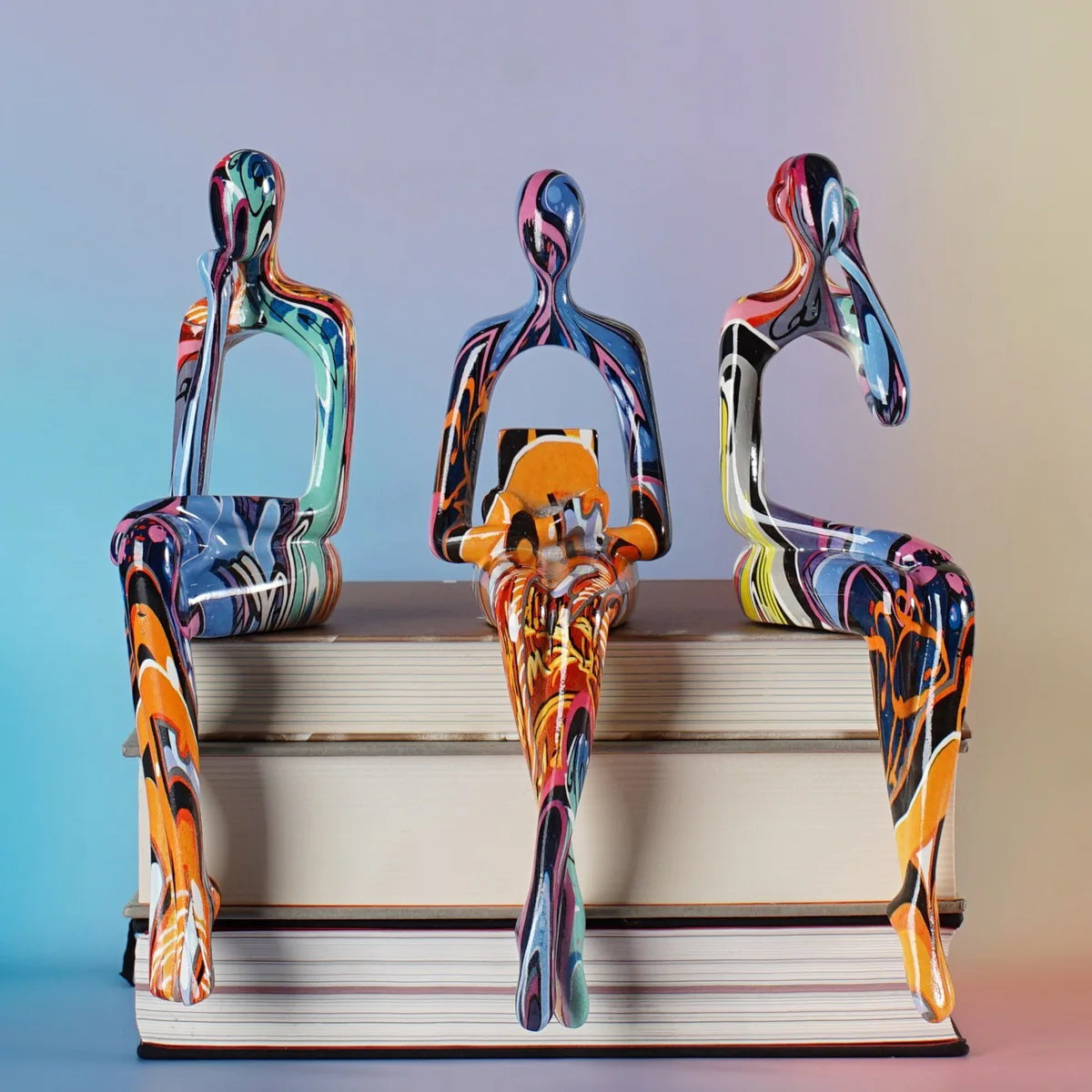 Abstract Thinker Figurine Set of 3, Colorful Modern Resin Sculpture for Bookshelf Decor & Office Desk, Unique Home Art Statue