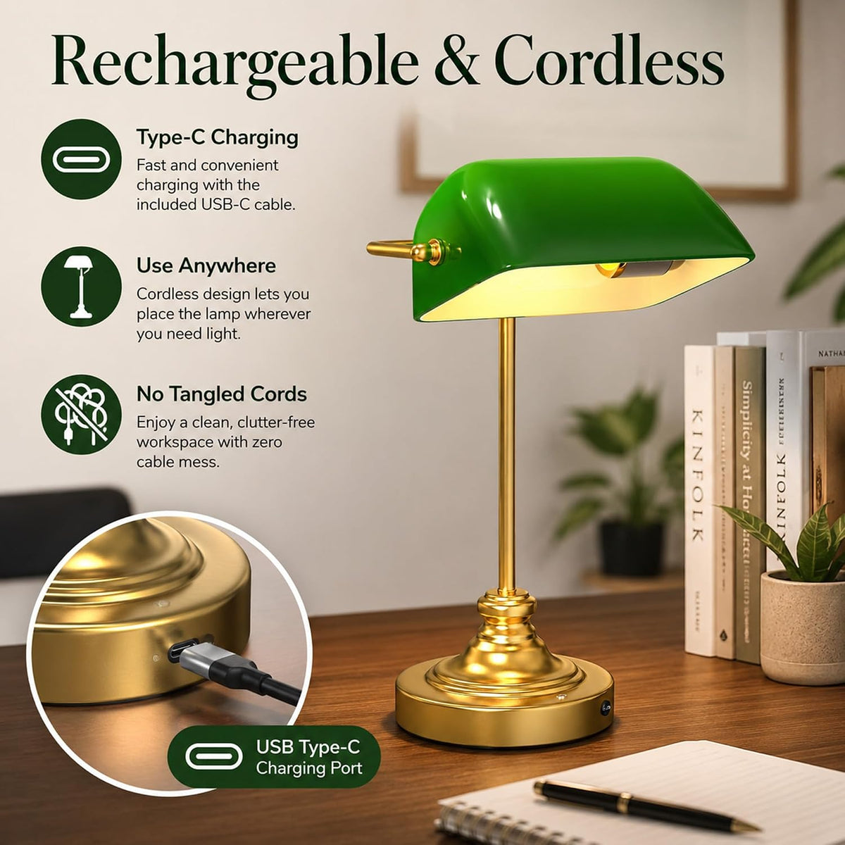 Cordless Bankers Lamp | Green Bankers Desk Lamp Rechargeable