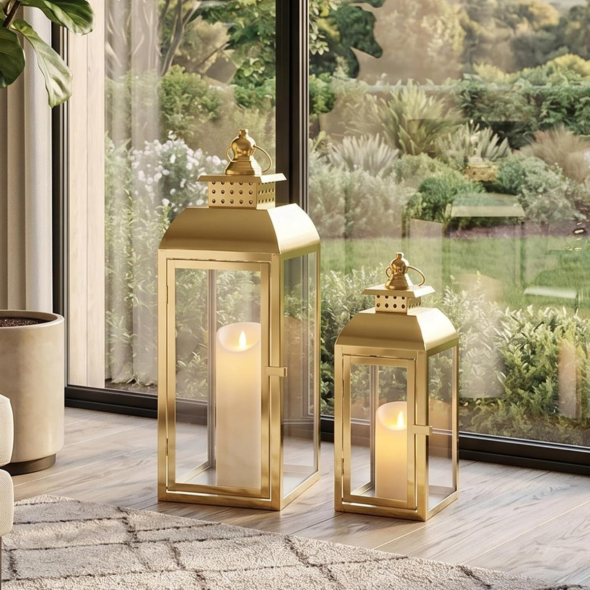 Set of 2 Gold Stainless Steel Decorative Candle Lanterns 20.5"&15" High Metal Candle Lanterns for Indoor Outdoor Events Parities Weddings Vintage Style Hanging Lantern