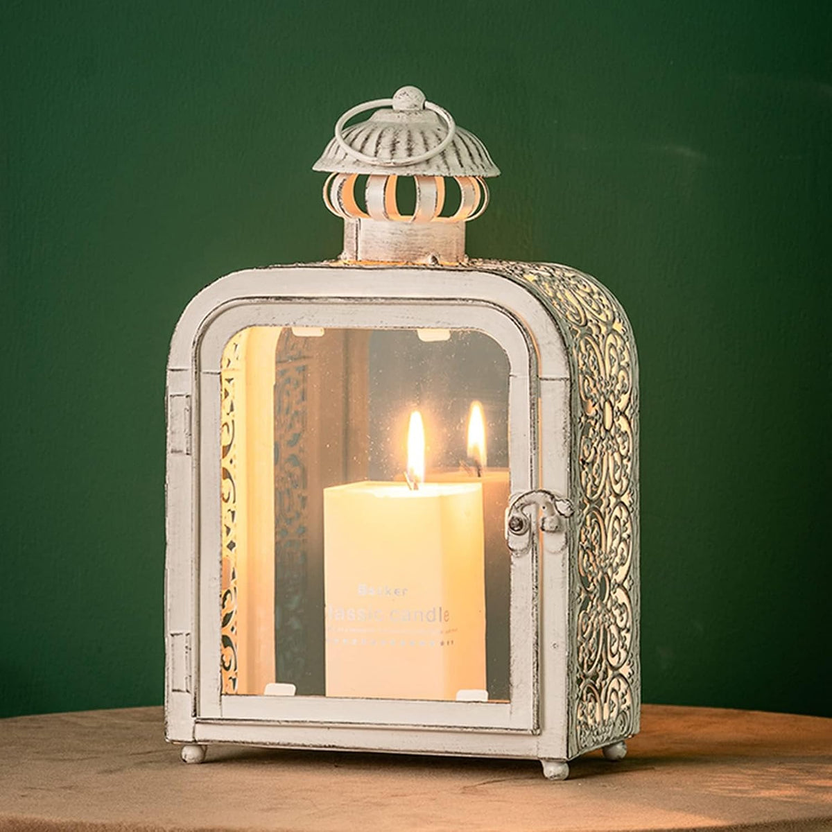 Candle Lantern Decorative Indoor & Outdoor, Vintage Metal Lanterns with Clear Glass, Tabletop&Hanging Candle Holders for Patio Front Porch Home Decor, Halloween Christmas Decorations (White)
