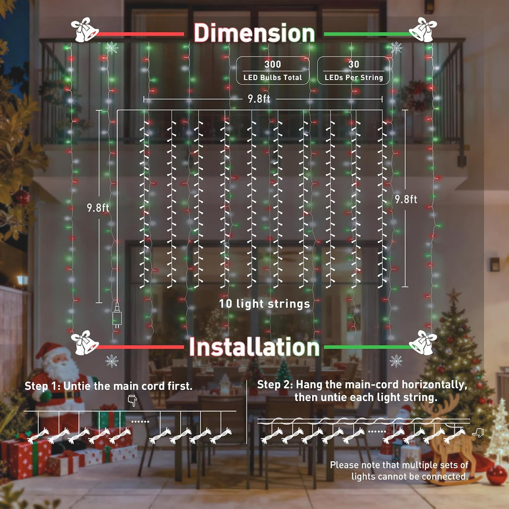 300LED Red White and Green Christmas Curtain Lights with Remote